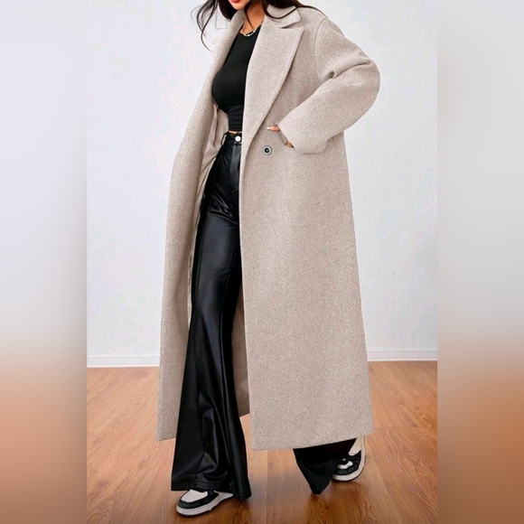 New Oversized Double Breasted Long Coat Jacket Cream Beige Tan - Picture 4 of 9